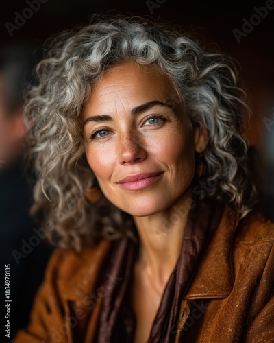 Confident Mature Woman with Curly Gray Hair, Portrait Photography, Natural Expression
