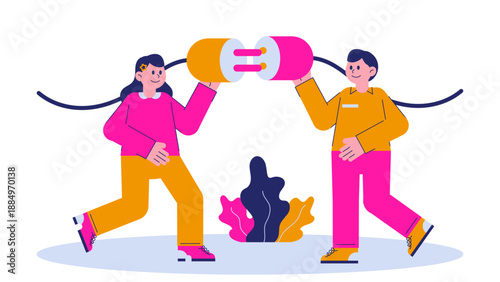 Man and woman connecting two large electrical plugs representing networking, partnership, and business synergy