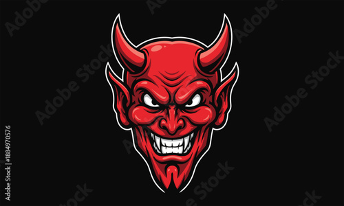 Red devil demon face illustration with horns scary evil mascot vector logo design for halloween tattoo gaming branding concept icon