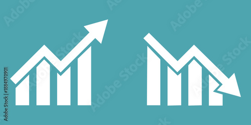 Graph going down and up sign with green and red arrows, vector illustration of bar chart symbols, depicting sales decrease and growth, ideal for business analytics, financial reports 