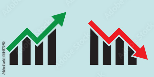 Graph going down and up sign with green and red arrows, vector illustration of bar chart symbols, depicting sales decrease and growth, ideal for business analytics, financial reports 