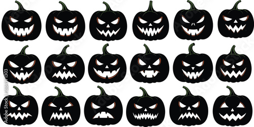 Set of eighteen spooky Halloween jack o'lantern silhouettes featuring various scary carved pumpkin faces with glowing eyes and jagged teeth.