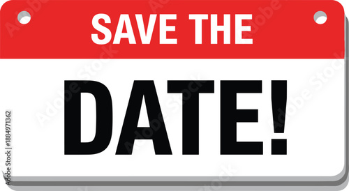 Save the date calendar icon with red header and black text isolated on white background for wedding invitations and event reminders