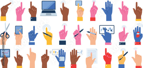 Hand Gesture Interaction Icon Set with Touch, Click, Swipe, Pointing, and Multicultural Hands Using Devices for UI, UX, and Technology Design Projects