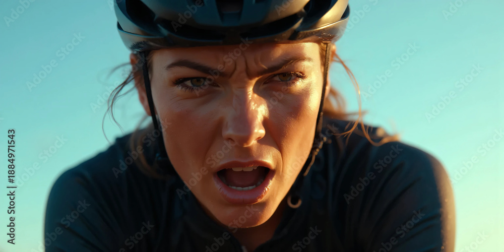 Fototapeta premium Close-up portrait of a determined female cyclist wearing a protective helmet during an intense training ride. Strong expression and dramatic lighting highlight endurance, fitness and motivation.