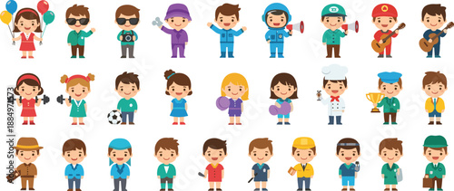 Large Collection of Diverse Professional People and Kids Cartoon Characters in Various Uniforms and Outfits Isolated on White Background Vector