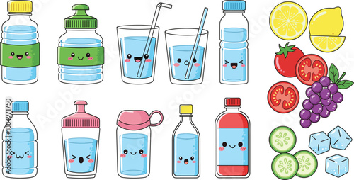 Cute Water and Beverage Illustration Set with Kawaii Bottles, Glasses, Fruits, Ice Cubes, and Refreshing Drink Characters for Healthy Lifestyle Designs