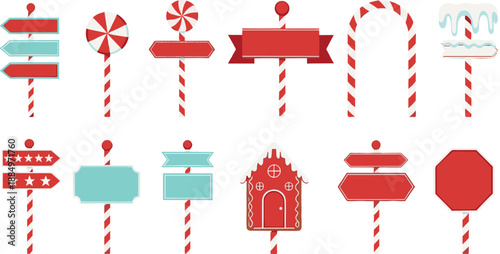Christmas Candy Signpost Illustration Set with Peppermint Signs, Candy Cane Arches, Gingerbread House, and Festive Direction Boards for Holiday Designs