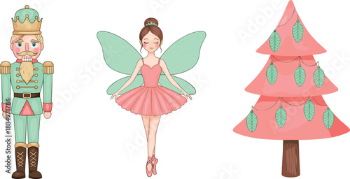 Nutcracker Ballet Character Illustration Set with Fairy Dancer, Toy Soldier, and Decorative Christmas Tree in Soft Pastel Style for Holiday Designs