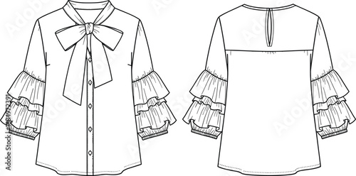 Women ruffle sleeve blouse technical sketch, fashion CAD drawing flat vector illustration, apparel design template, front and back view outline