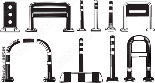 Various Metal Bollards and Barriers in Black and White