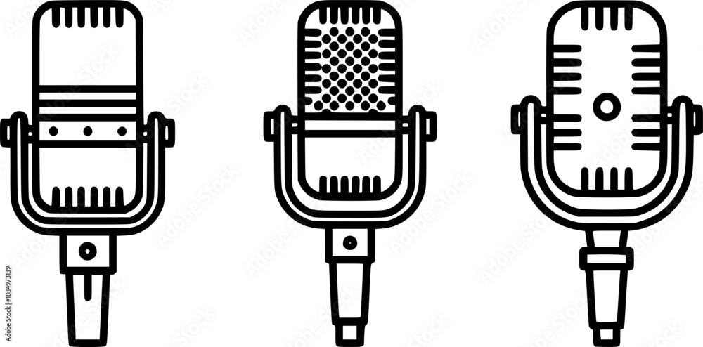 Naklejka premium Vintage microphone illustrations in black and white, perfect for music and audio projects 
