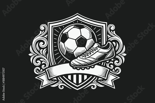 Vintage Soccer Emblem Design with Ball and Cleat on a Decorative Shield Badge