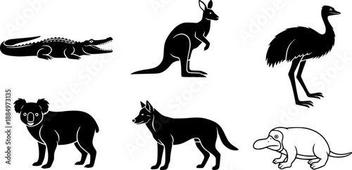 Australian Animals Silhouettes: Crocodile, Kangaroo, Emu, Koala, Dingo, and Platypus

