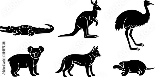 Australian Animals Silhouettes: Crocodile, Kangaroo, Emu, Koala, Dingo, and Platypus
