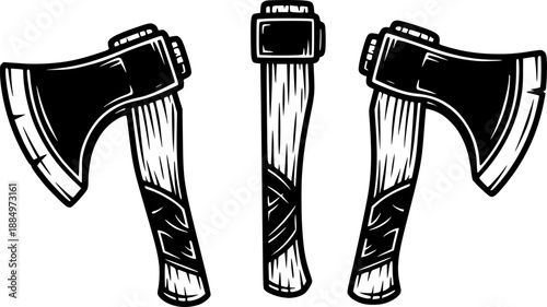 Engraved axes illustration in black and white on a white background
