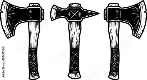 Engraved axes illustration in black and white on a white background
