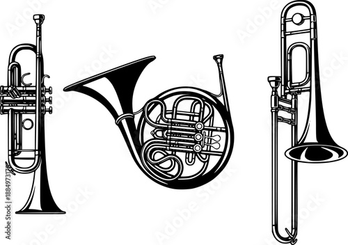 Detailed illustration of three different brass instruments on white background
