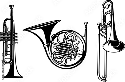 Detailed illustration of three different brass instruments on white background

