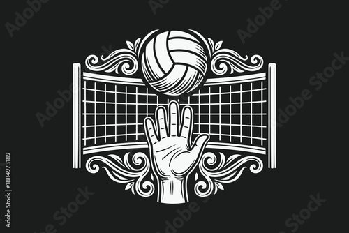 Vintage Woodcut Volleyball Design Featuring Hand, Net, and Ornate Floral Scrollwork.