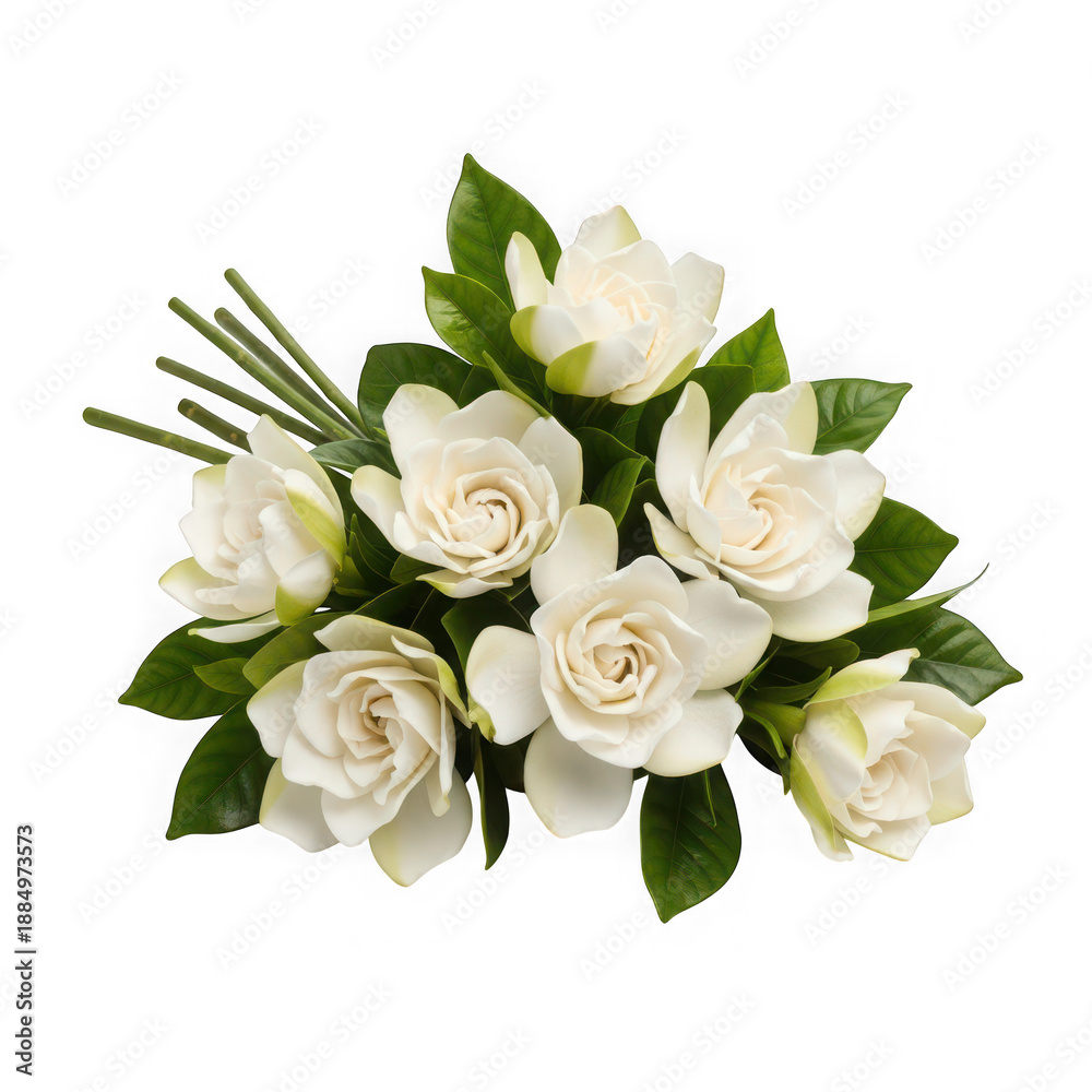 Obraz premium Gardenia's Elegant Bouquet: A stunning arrangement of pristine white gardenia blossoms with lush green foliage, showcasing nature's delicate beauty.