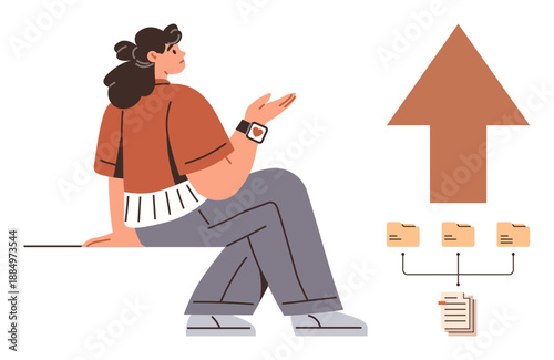 Data analysis, workflow optimization, file organization, digital processes, task planning, teamwork. Woman sitting near an arrow and folders. Data analysis and workflow optimization concept