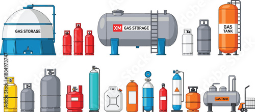 Industrial gas storage tanks and cylinders collection, fuel containers illustration, propane oxygen LNG equipment, energy supply vector set