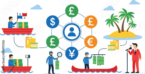 International money transfer illustration, offshore finance and currency exchange concept, global banking investment, tax haven economy, flat vector design