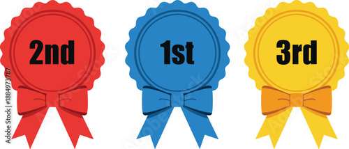 Set of First Second and Third Place Award Ribbons with Bows in Blue Red and Yellow Colors for Competition Winners and Rankings