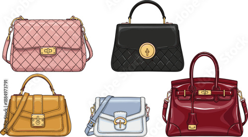 Luxury women handbags collection illustration, fashionable leather purses set, elegant shoulder bags, trendy accessories, modern style vector design