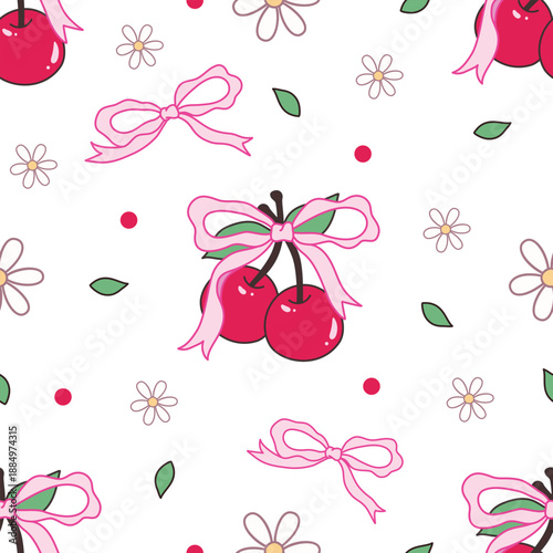 Cute Cherry and Pink Bow Ribbon seamless pattern 