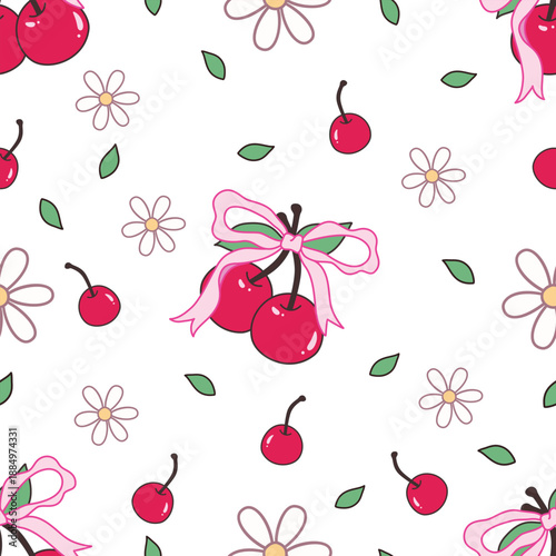 Cute Cherry and Daisy Seamless Pattern with Pink Ribbon