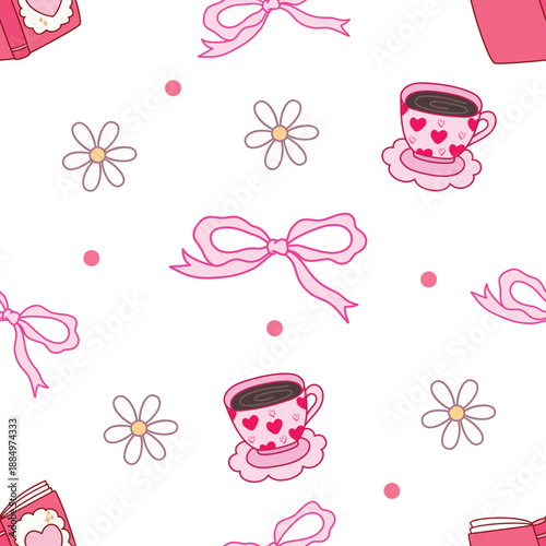 Pink Coffee Cup and Ribbon Bow Seamless Pattern, Girly Cafe Vector