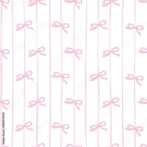 Cute Coquette Style Pink Ribbon Bows with Vertical Lines, Aesthetic Vector Pattern