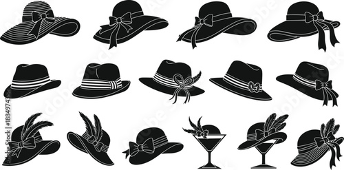 Women’s hat silhouette collection, fashion accessories, cocktail elegance, floral and feather details, black vector style, cad drawing flat vector illustration