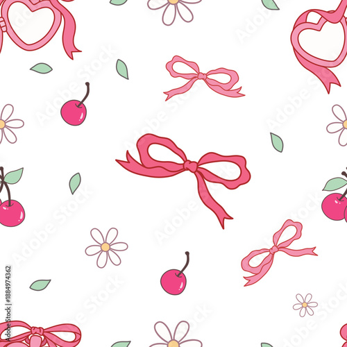 Sweet Cherry and Pink Ribbon Bow Seamless Pattern