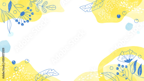 植物の線画の背景フレーム オーガニックな水彩イラスト枠（イエロー）