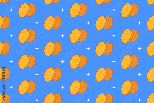Fried chicken nuggets with light colorful seamless pattern on blue background for restaurant. Breaded crispy chicken bites with star shape cartoon pattern background for food. Vector Illustration