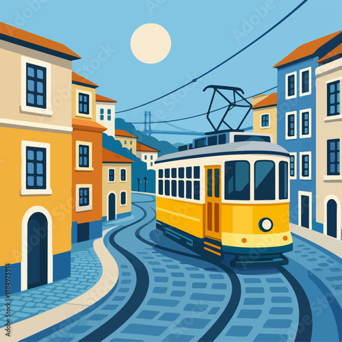 Tram in Colorful European Old Town Street