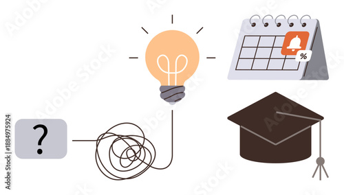 Education, career development, goal setting, problem solving, deadlines, academic achievement. Tangled line leading to light bulb, calendar and graduation cap. Education and career development