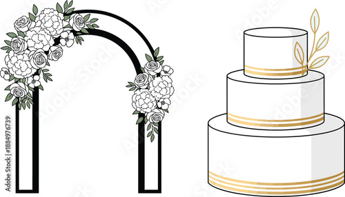 Elegant wedding celebration elements featuring a beautiful floral arch and a classic three-tiered cake with golden details, perfect for event planning.