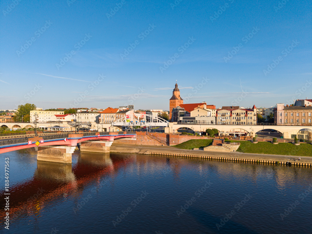Obraz premium Aerial drone view of old town bridge and boulevard of Gorzów Wielkopolsi. Poland 