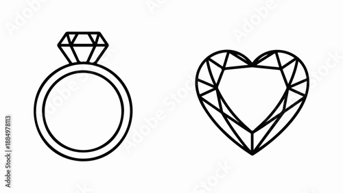 Diamond ring and heart-shaped diamond outline isolated on white background, Vector, illustration