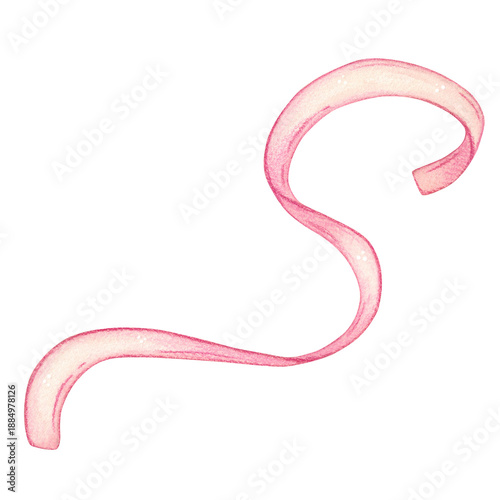 Long, twisted pink ribbon. Hand-drawn watercolor cartoon illustration. Design for stickers, scrapbooking, and cards. Holiday, element, fabric, wave, stripe