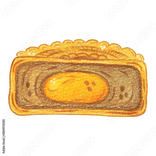 Mooncake cross-section, a treat. Hand-drawn watercolor illustration, cartoon. Design for stickers, scrapbooking, and cards. Holiday, element, food, legend, Asia, China, symbol, Mid-Autumn Festival