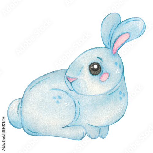 Moon Rabbit character. Hand-drawn watercolor illustration, cartoon. Design for stickers, scrapbooking, cards. Holiday, element, animal, legend, Asia, China, symbol, Mid-Autumn Festival