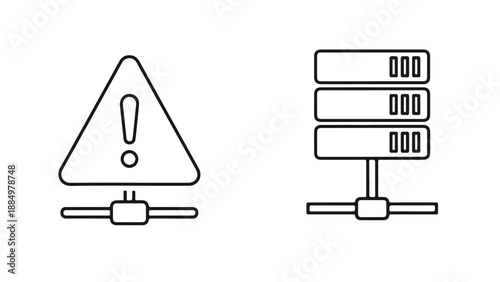 Server rack with a warning symbol indicating an alert isolated on white background, Vector, illustration
