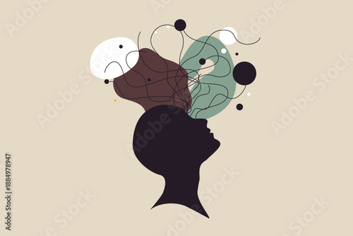 Abstract surreal human profile silhouette bursting with brown green fluid thoughts bubbles lines circles, minimalist overthinking mind brain memories surreal concept vector illustration.