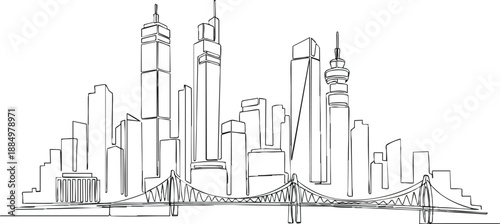 City Skyline with Skyscrapers and Bridge Illustration.