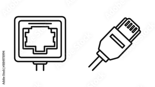 Ethernet port and rj45 connector line art illustration isolated on white background, Vector, illustration